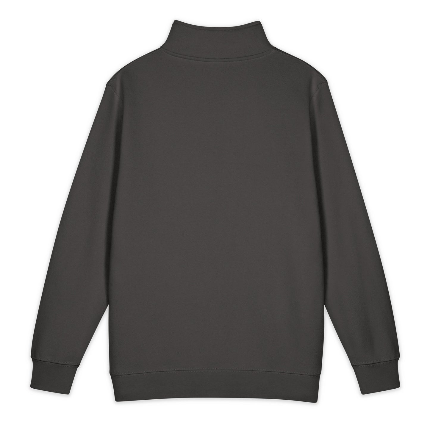 Back view of smoke grey eco fleece pullover with side-seamed construction and ribbed cuffs