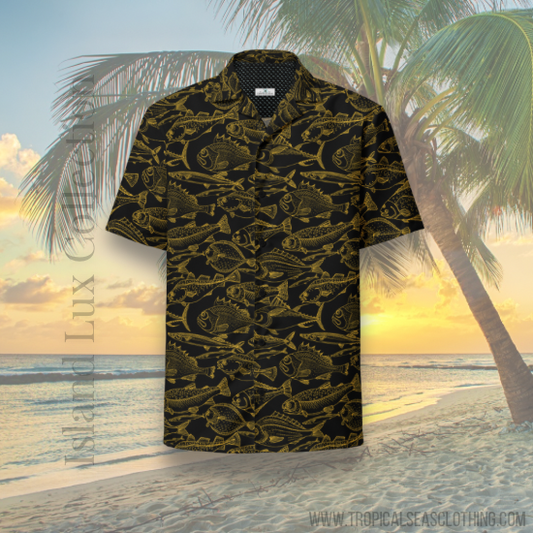 Sea of Gold Riches Hawaiian Button Shirt: Dive into Opulent Ocean Elegance!