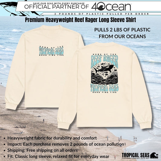 sustainable heavy long-sleeve tees, hoodies, and sweatpants by Tropical Seas Clothing, with an ocean background symbolizing their 4ocean partnership.