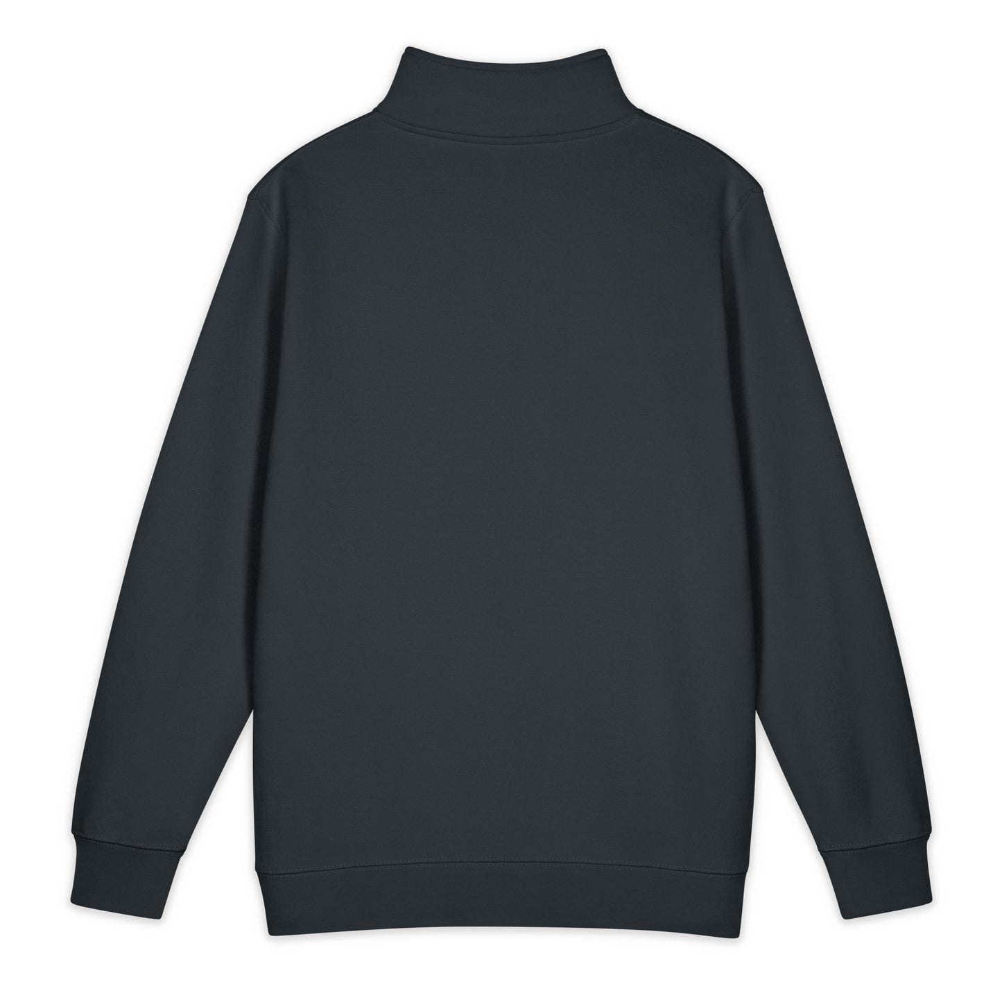 Back of navy coastal quarter zip pullover showing relaxed cut and ribbed waistband