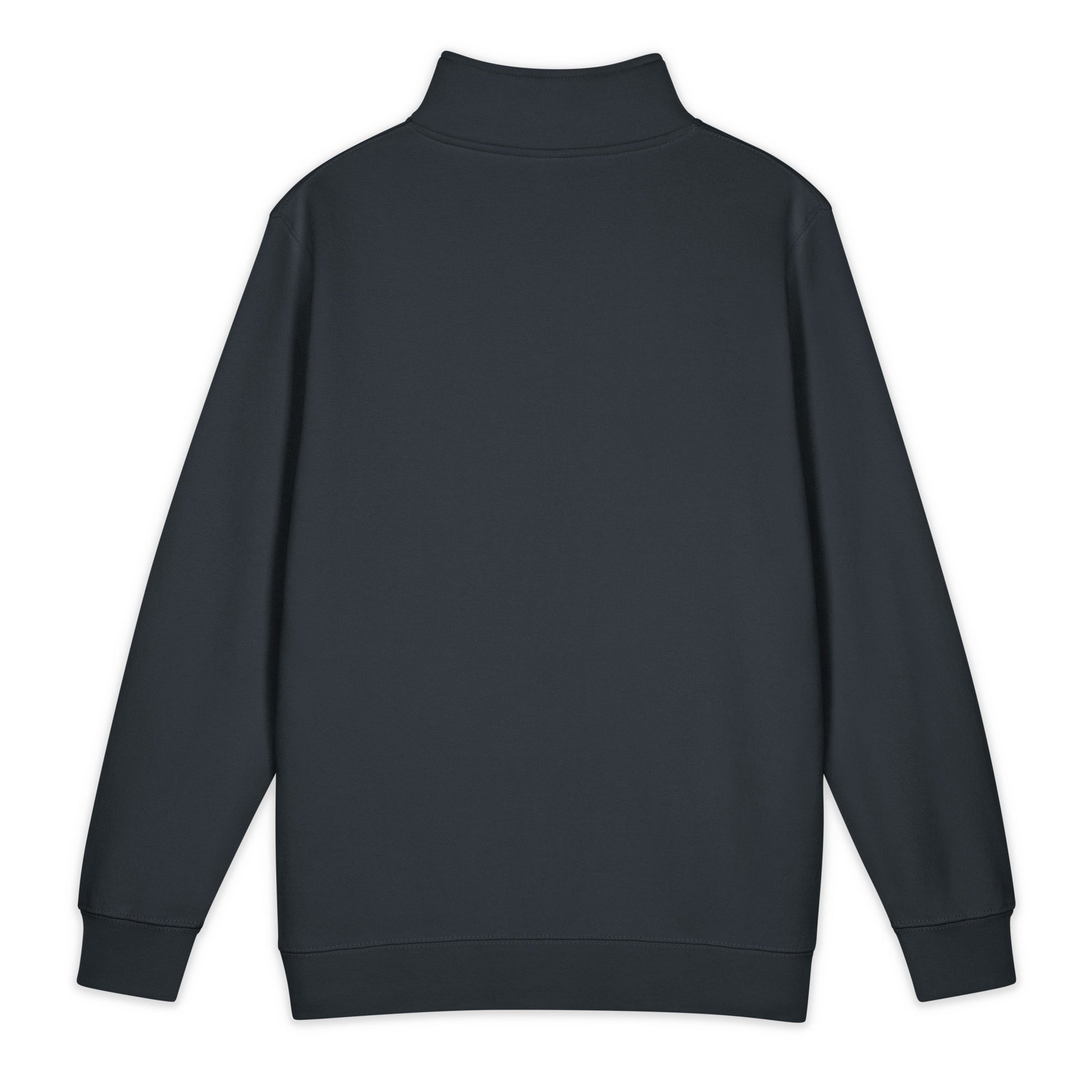 Back of navy coastal quarter zip pullover showing relaxed cut and ribbed waistband
