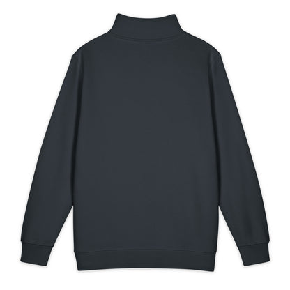 Back of navy coastal quarter zip pullover showing relaxed cut and ribbed waistband
