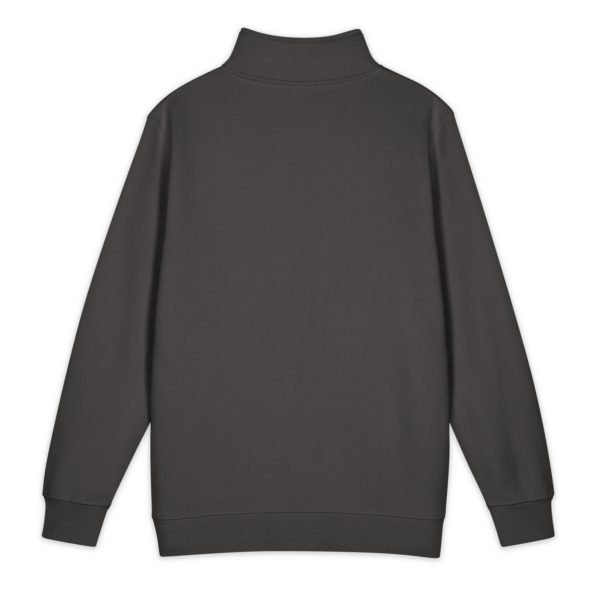 Back view of smoke grey eco fleece pullover with side-seamed construction and ribbed cuffs