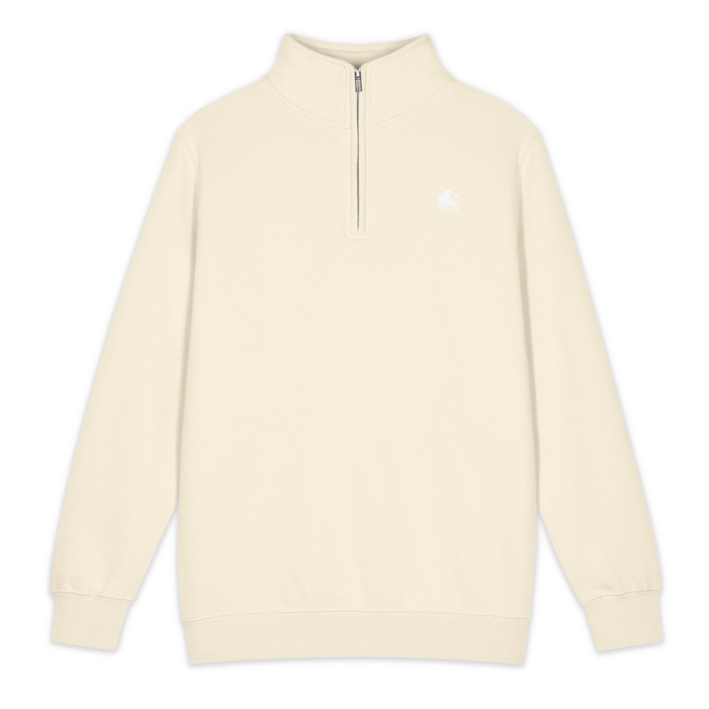 Cream Tide Drift coastal quarter zip pullover with embroidered wave logo on chest, mock neck collar