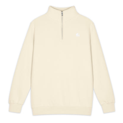 Cream Tide Drift coastal quarter zip pullover with embroidered wave logo on chest, mock neck collar