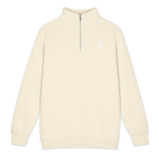 Cream Tide Drift coastal quarter zip pullover with embroidered wave logo on chest, mock neck collar