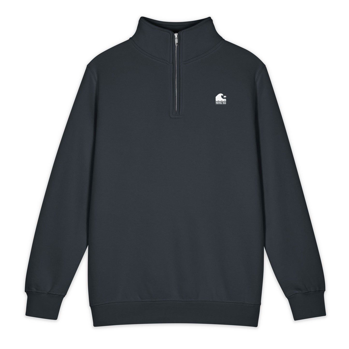 Navy mens mock neck fleece pullover with subtle tonal wave embroidery, premium quarter-zip detail