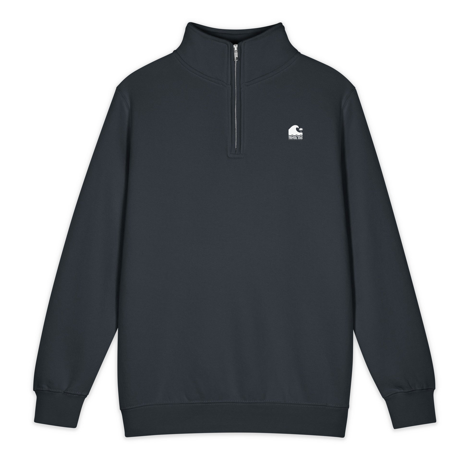 Navy mens mock neck fleece pullover with subtle tonal wave embroidery, premium quarter-zip detail