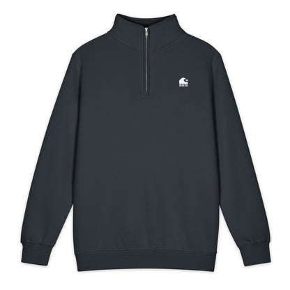 Navy mens mock neck fleece pullover with subtle tonal wave embroidery, premium quarter-zip detail