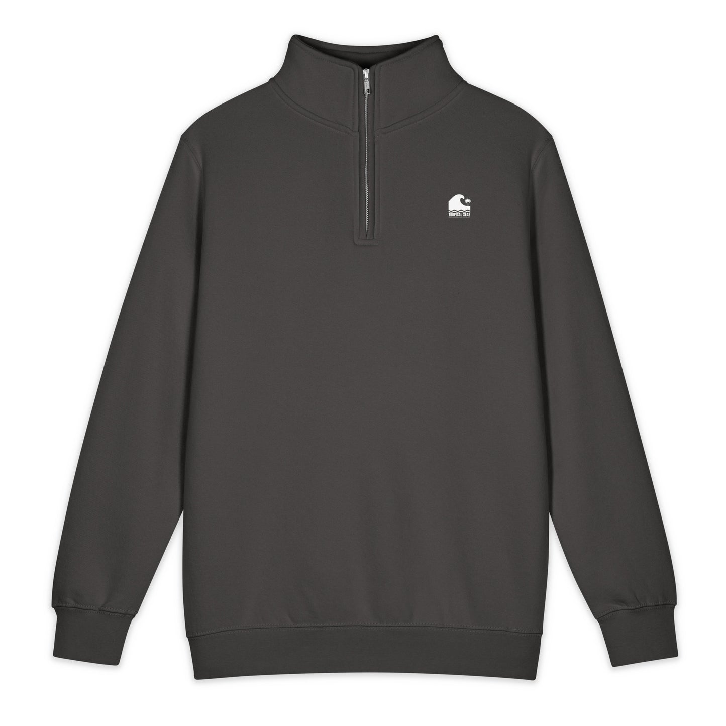 Smoke grey premium quarter zip sweatshirt with brushed fleece interior and YKK zipper detail