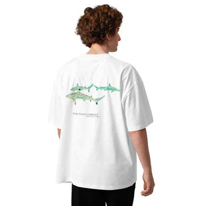 Model wearing the oversized Blacktip Reef Shark T-shirt with real underwater shark photography on the back
