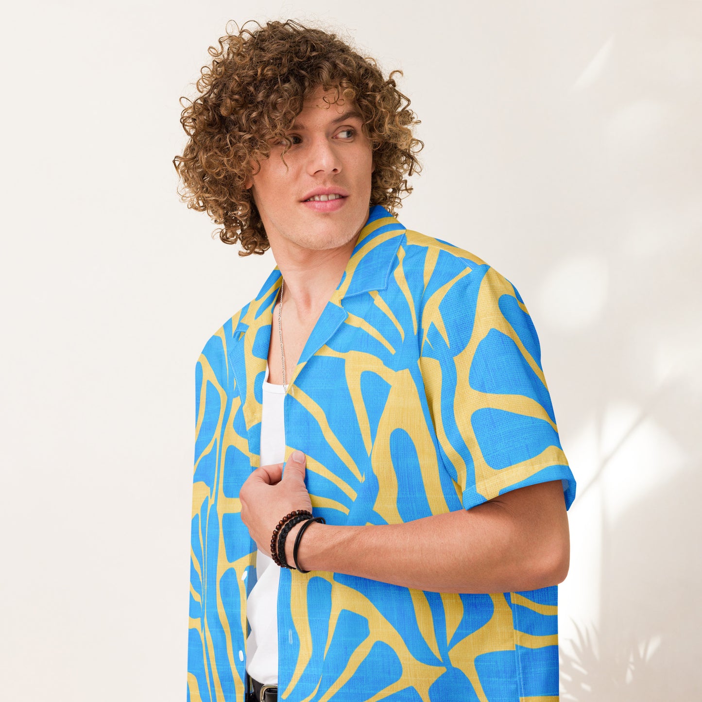 Men's Blue and Gold Ancient Floral Camp Shirt - Sustainable Casual Beach Shirts from Tropical Seas Clothing 