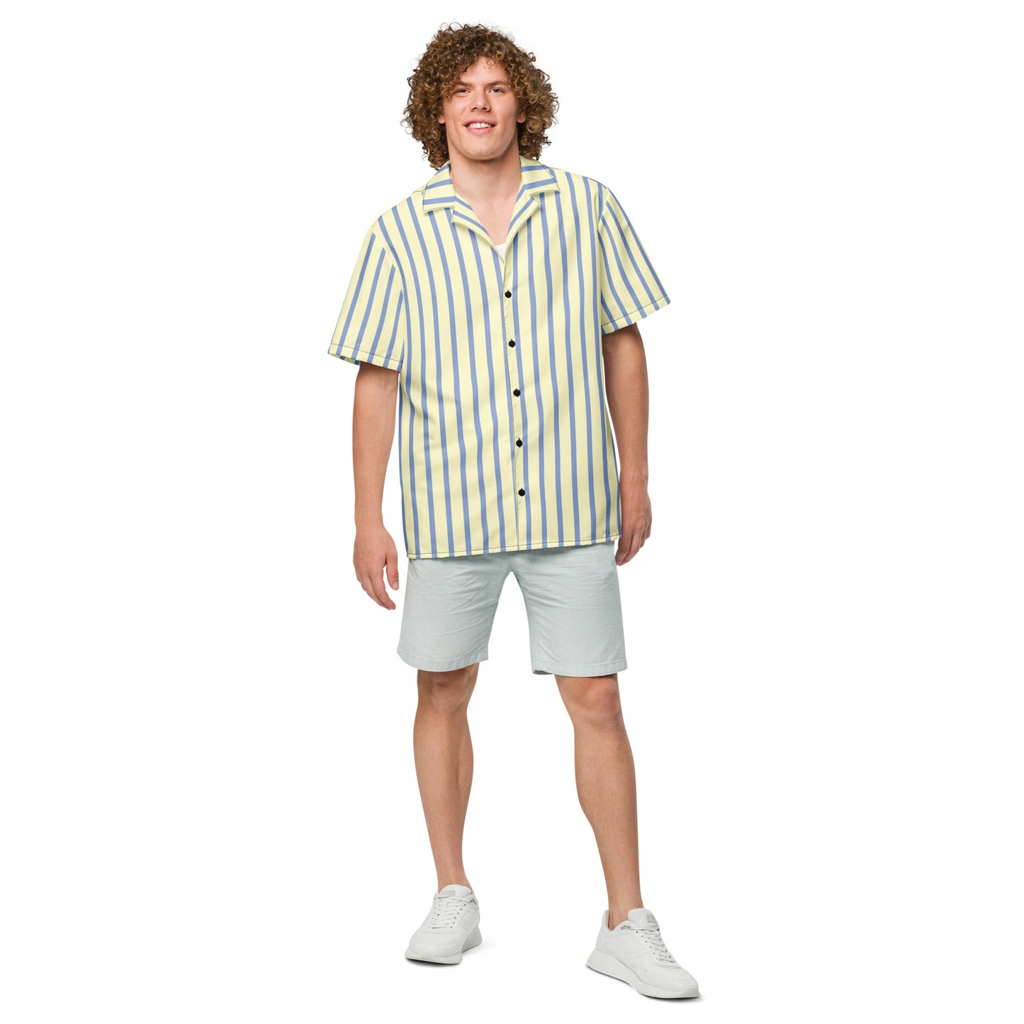 Mellow Yellow & Marlin Blue Striped Button-Down Camp Shirt - Tropical Seas Clothing 