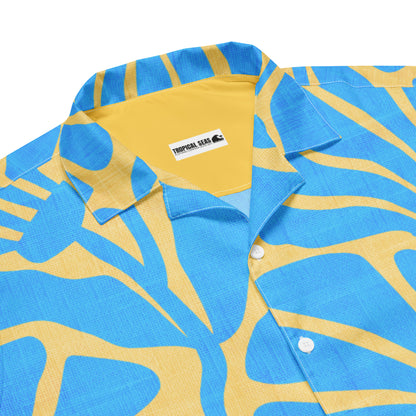 Men's Blue and Gold Ancient Floral Camp Shirt - Sustainable Casual Beach Shirts from Tropical Seas Clothing 