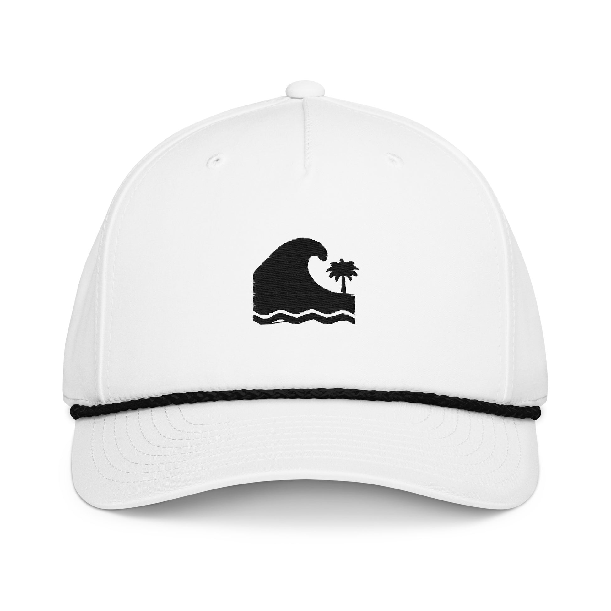 Men's white embroidered rope brim snapback cap with black wave and palm tree coastal graphic, adjustable fit, Tropical Seas Clothing