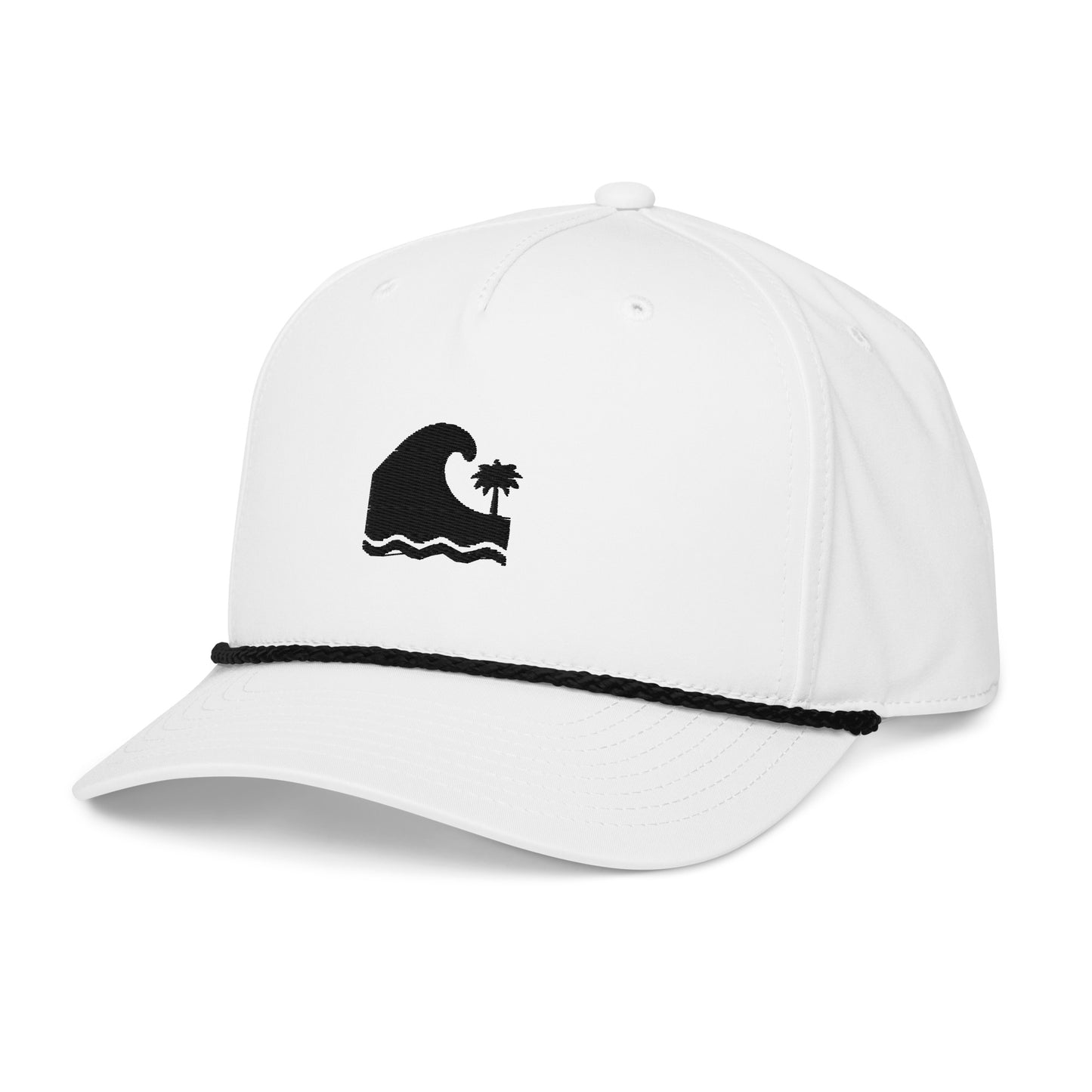 Men's white embroidered rope brim snapback cap with black wave and palm tree coastal graphic, adjustable fit, Tropical Seas Clothing