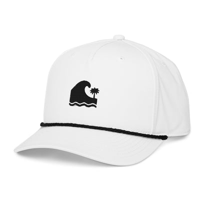 Men's white embroidered rope brim snapback cap with black wave and palm tree coastal graphic, adjustable fit, Tropical Seas Clothing
