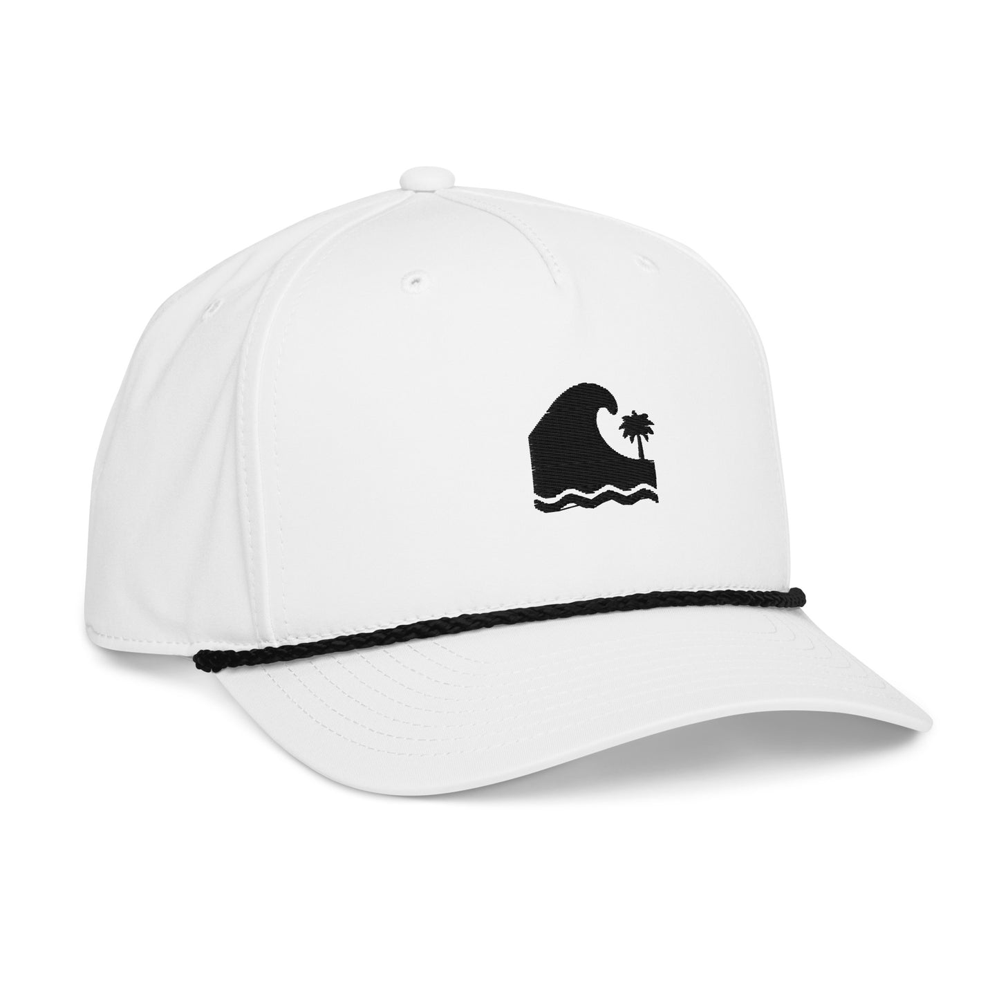 Men's white embroidered rope brim snapback cap with black wave and palm tree coastal graphic, adjustable fit, Tropical Seas Clothing