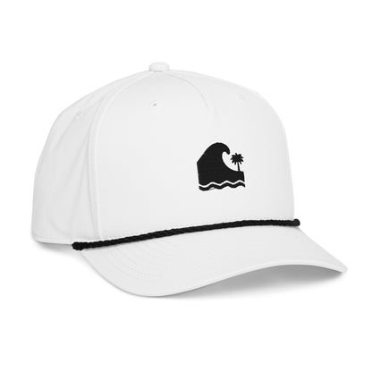 Men's white embroidered rope brim snapback cap with black wave and palm tree coastal graphic, adjustable fit, Tropical Seas Clothing