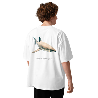 Model wearing the oversized Great White Shark T-shirt with real countershaded shark photography on the back