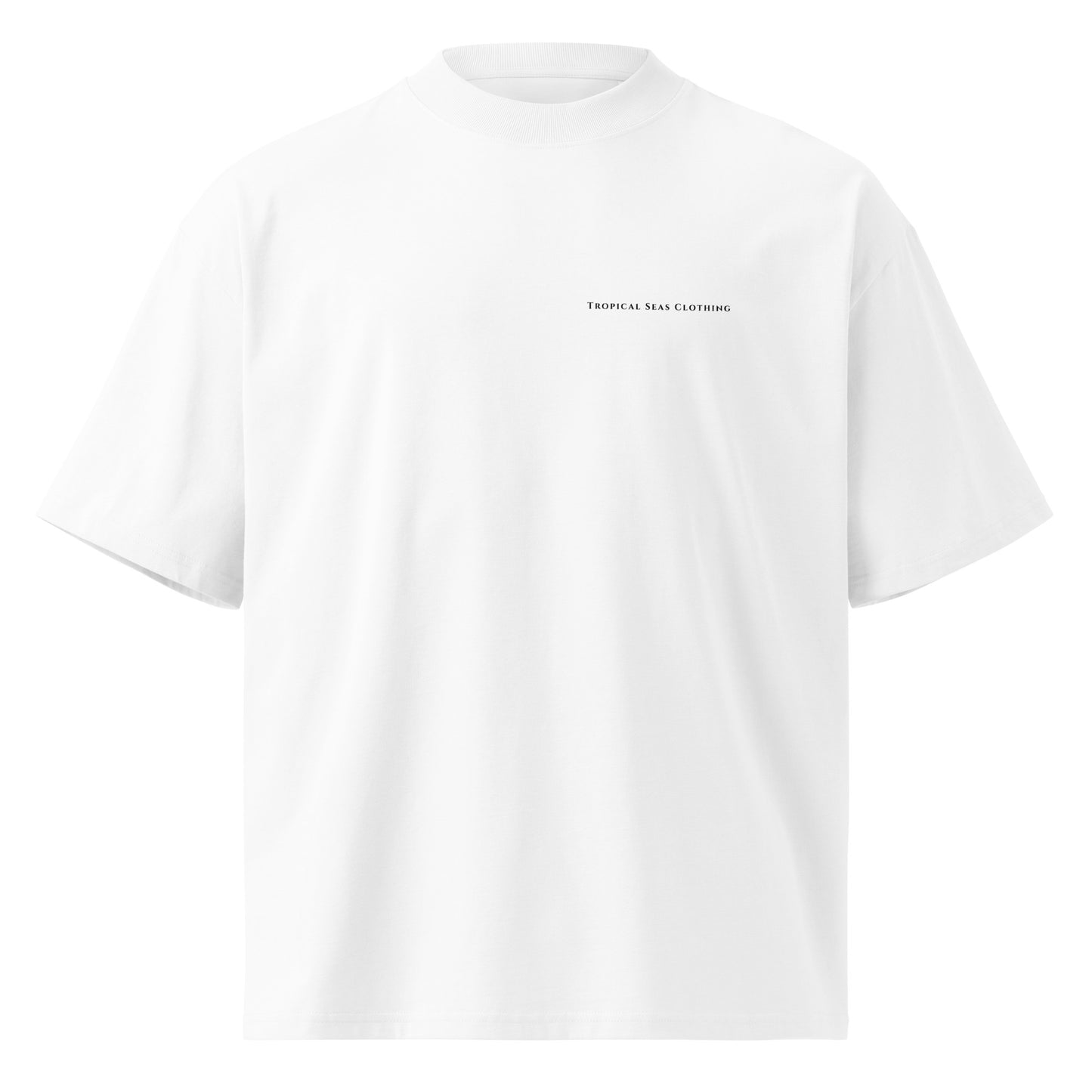 Front view of the oversized organic Blacktip Reef Shark T-shirt with left-chest Tropical Seas Clothing wordmark