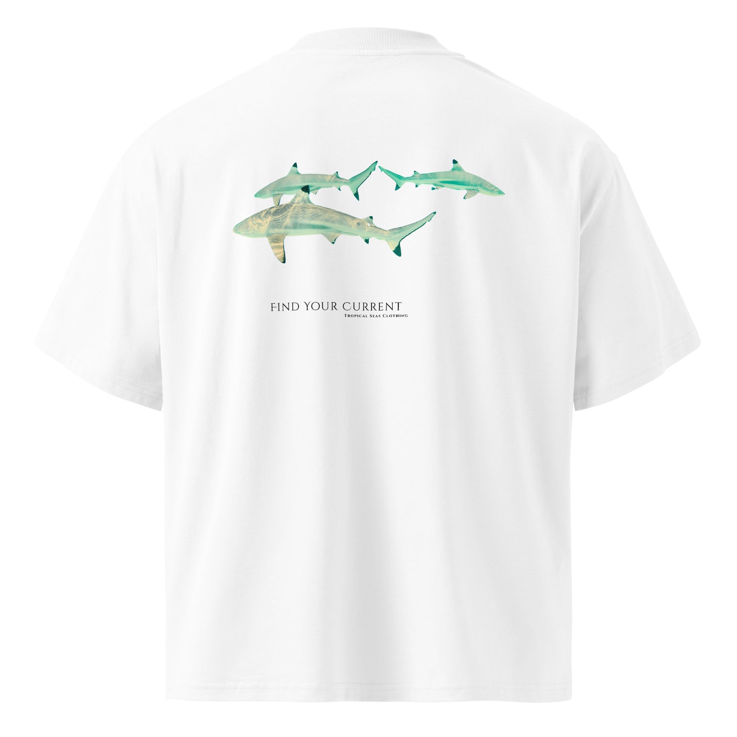 Back view of the Blacktip Reef Shark T-shirt showing three blacktip reef sharks and the Find Your Current wordmark