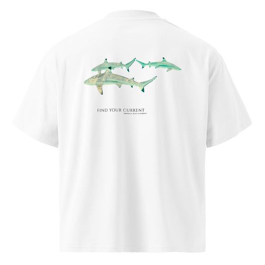 Back view of the Blacktip Reef Shark T-shirt showing three blacktip reef sharks and the Find Your Current wordmark