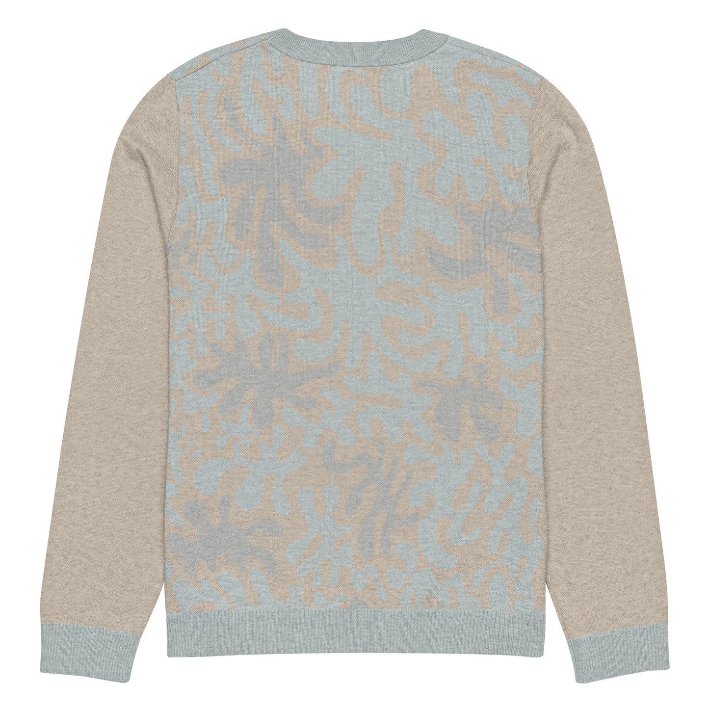 Tropical Seas Clothing men’s eco-friendly Coral Sands Knit Crew sweater, autumn style, back view, size 2XL, beige and blue