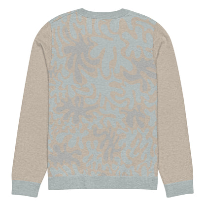 Tropical Seas Clothing men’s eco-friendly Coral Sands Knit Crew sweater, autumn style, back view, size 2XL, beige and blue