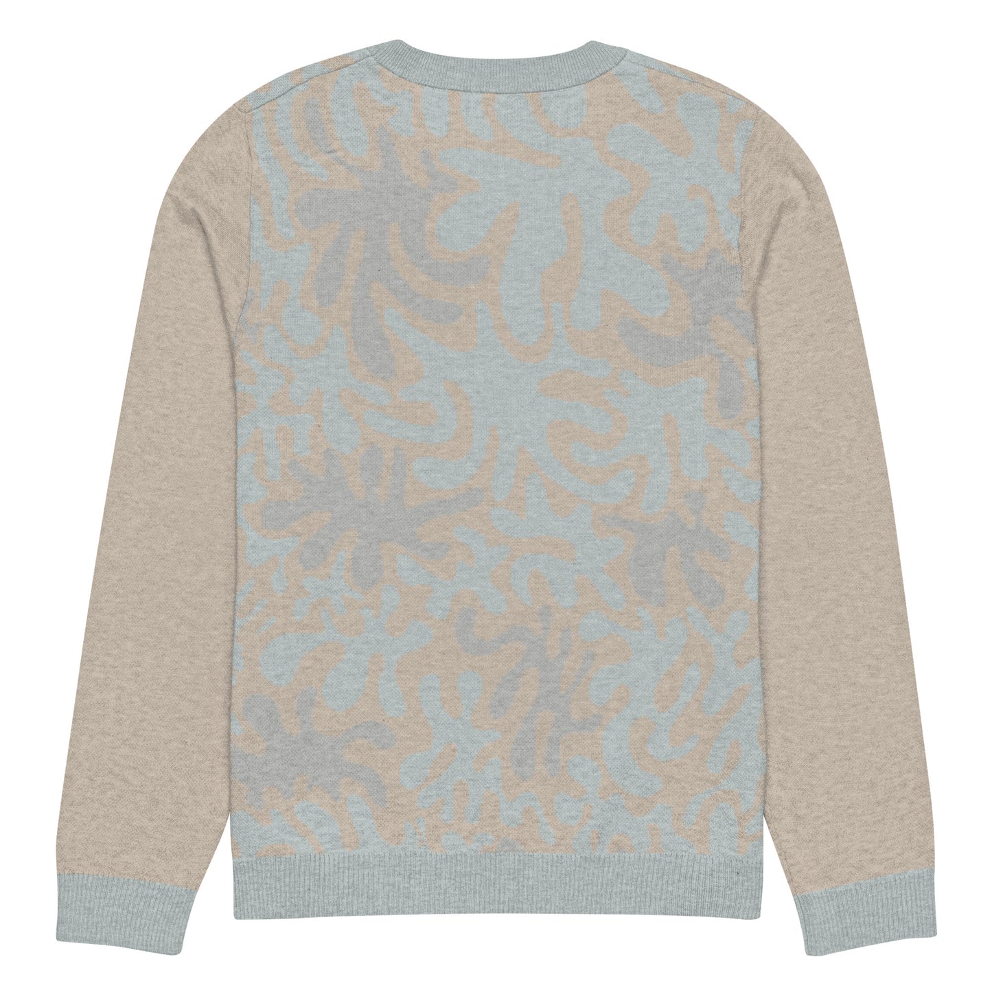 Tropical Seas Clothing men’s eco-friendly Coral Sands Knit Crew sweater, autumn style, back view, size 2XS, beige and blue