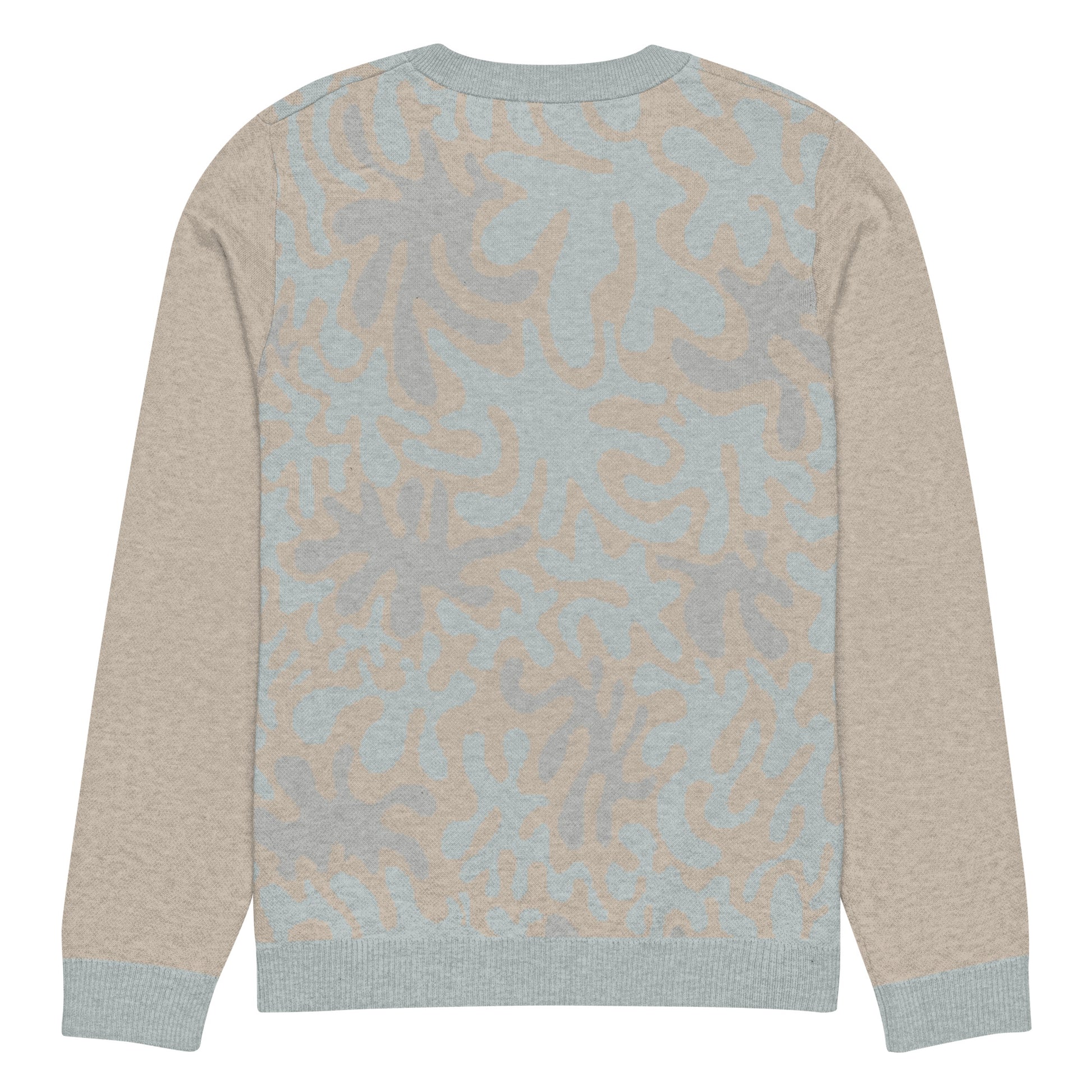 Tropical Seas Clothing men’s eco-friendly Coral Sands Knit Crew sweater, autumn style, back view, size 3XS, beige and blue