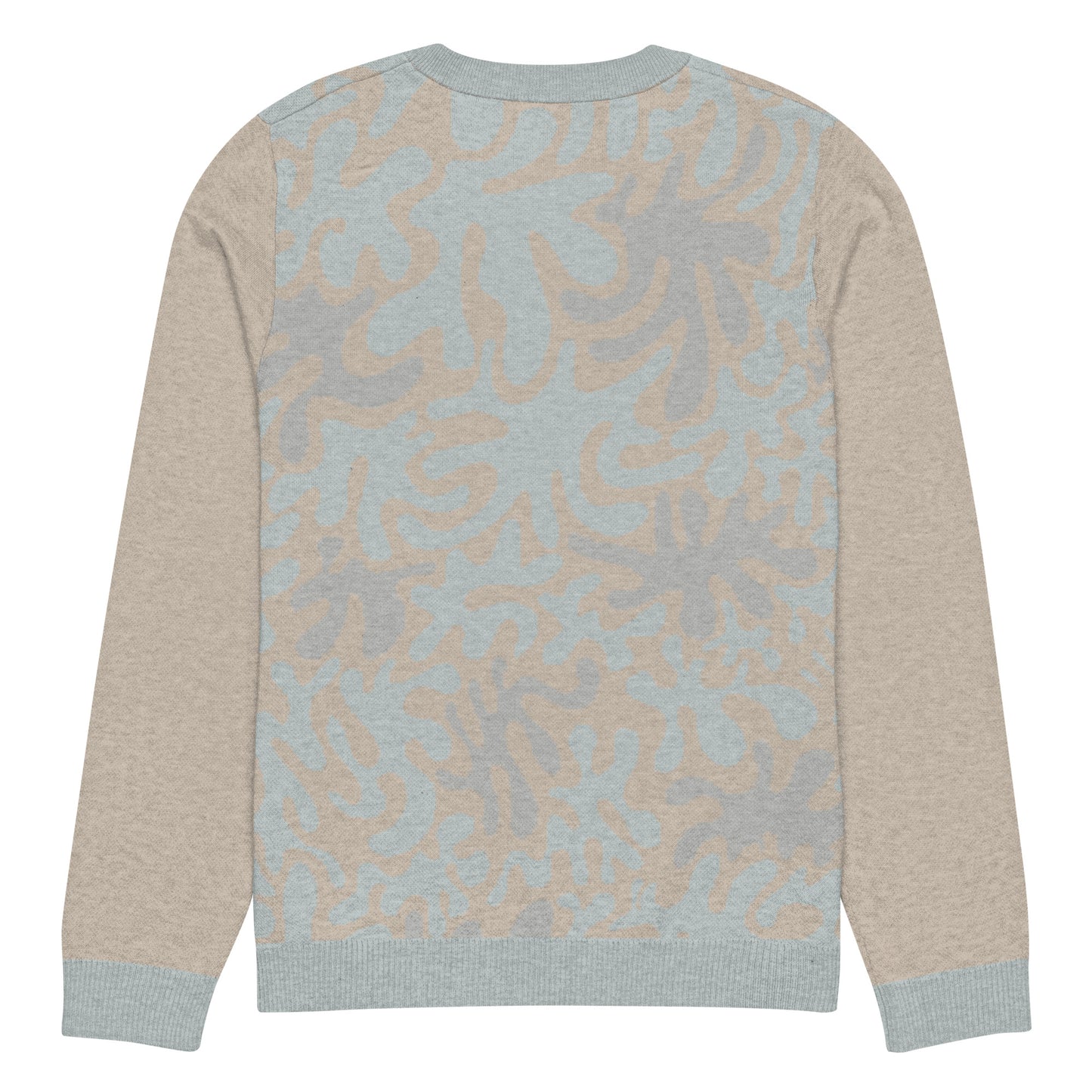 Tropical Seas Clothing men’s eco-friendly Coral Sands Knit Crew sweater, autumn style, back view, size M, beige and blue