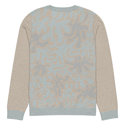 Tropical Seas Clothing men’s eco-friendly Coral Sands Knit Crew sweater, autumn style, back view, size M, beige and blue