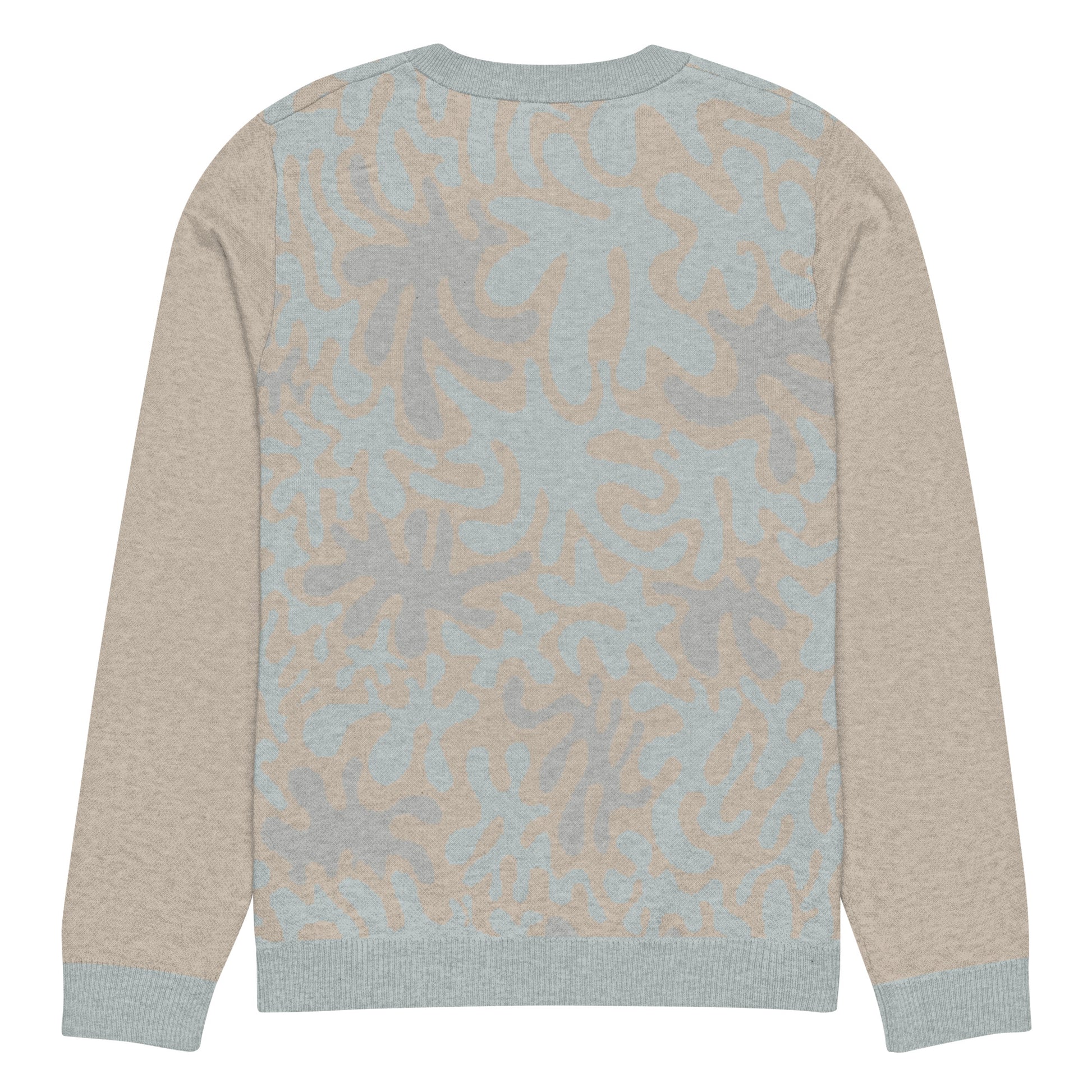 Tropical Seas Clothing men’s eco-friendly Coral Sands Knit Crew sweater, autumn style, back view, size S, beige and blue