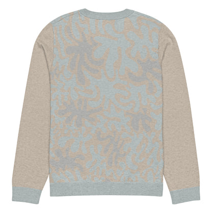 Tropical Seas Clothing men’s eco-friendly Coral Sands Knit Crew sweater, autumn style, back view, size XL, beige and blue