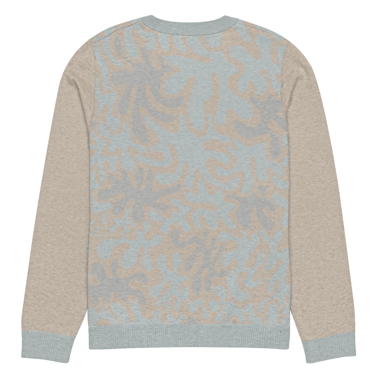 Tropical Seas Clothing men’s eco-friendly Coral Sands Knit Crew sweater, autumn style, back view, size XS, beige and blue