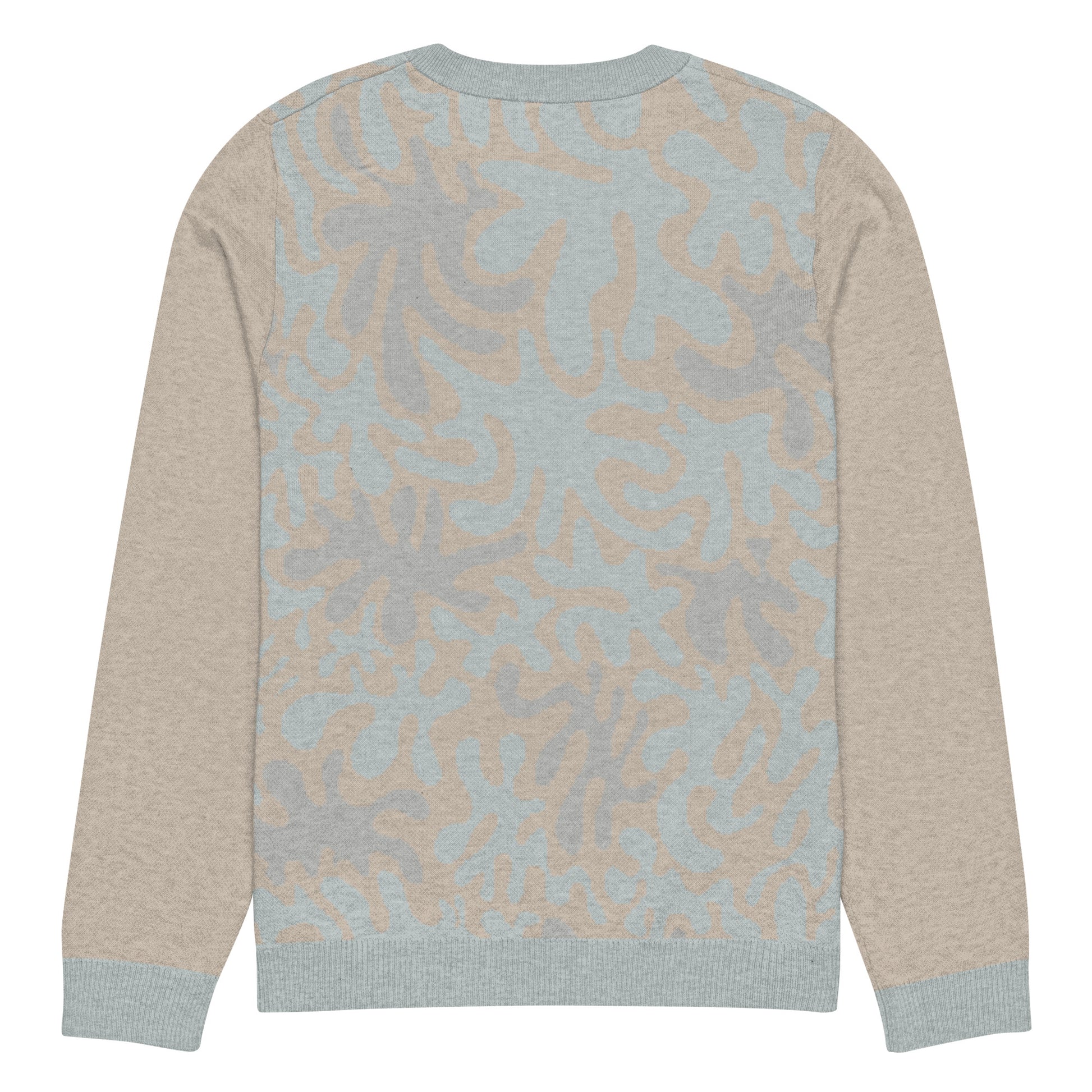 Tropical Seas Clothing men’s eco-friendly Coral Sands Knit Crew sweater, autumn style, back view, size XS, beige and blue