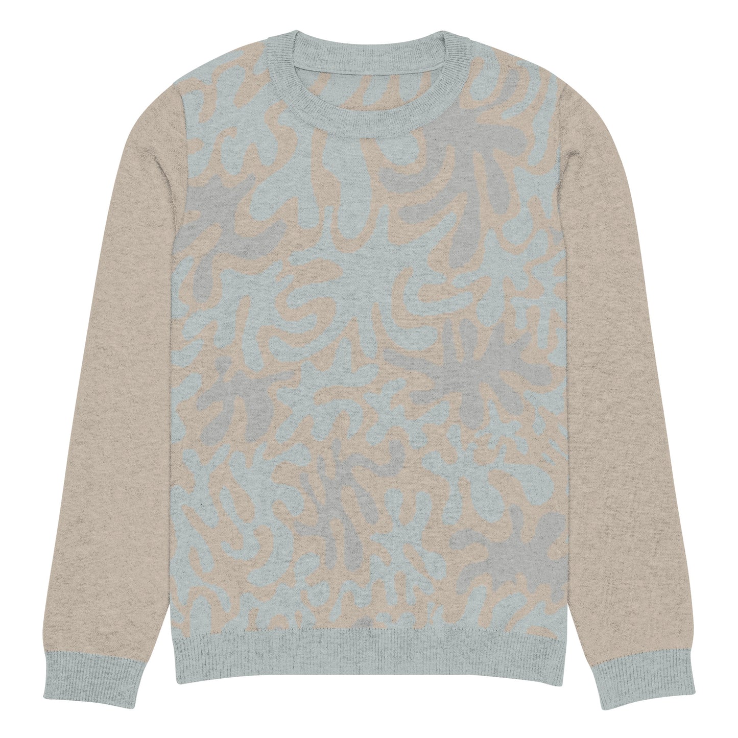 Tropical Seas Clothing men’s eco-friendly Coral Sands Knit Crew sweater, autumn style, front view, size 2XS, beige and blue