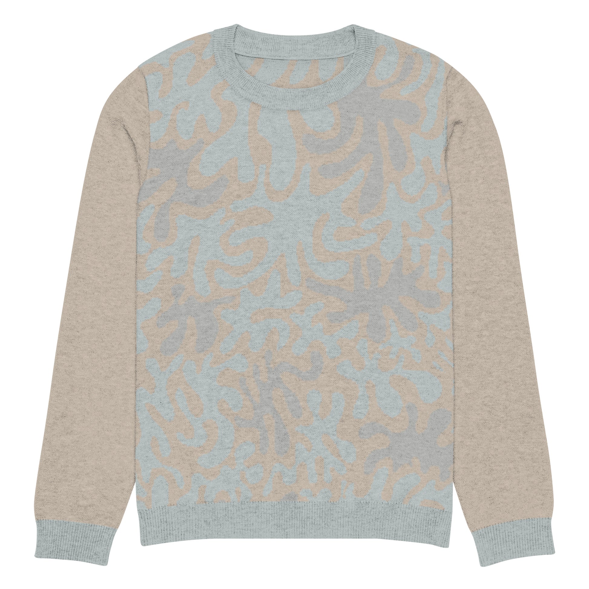 Tropical Seas Clothing men’s eco-friendly Coral Sands Knit Crew sweater, autumn style, front view, size 2XS, beige and blue