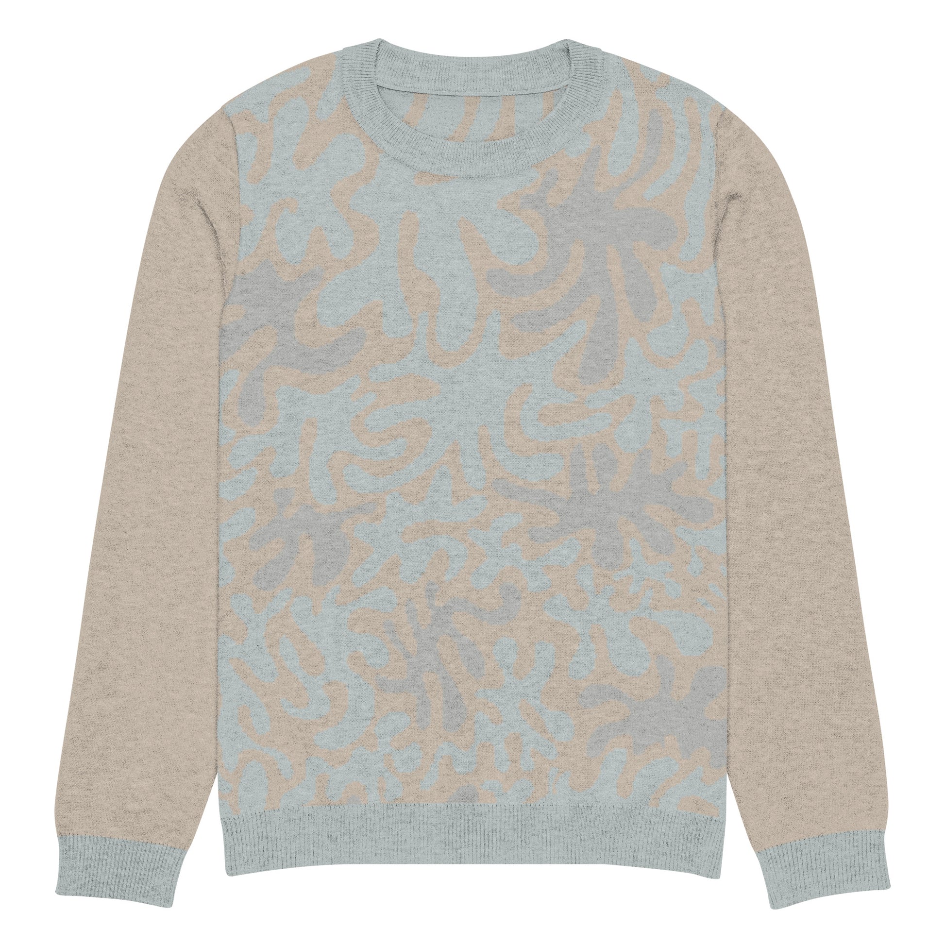 Tropical Seas Clothing men’s eco-friendly Coral Sands Knit Crew sweater, autumn style, front view, size 3XS, beige and blue