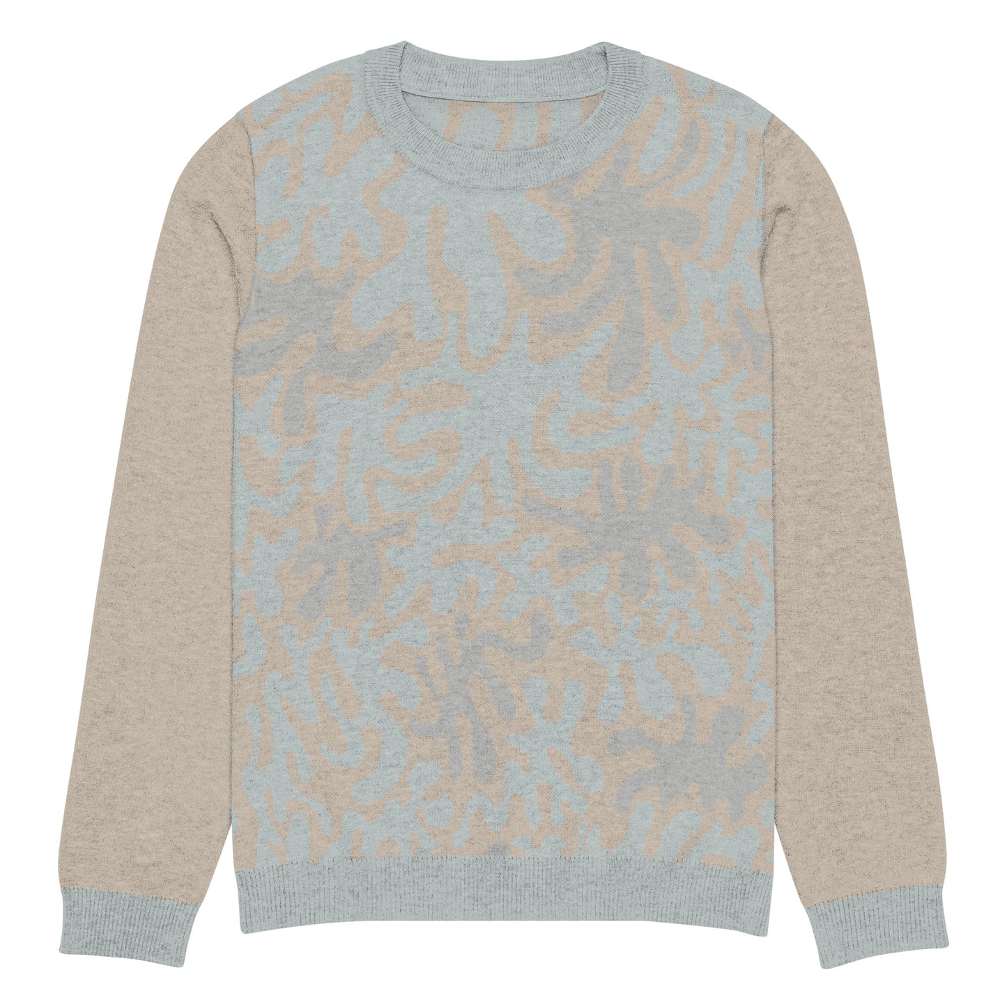 Tropical Seas Clothing men’s eco-friendly Coral Sands Knit Crew sweater, autumn style, back view, size L, beige and blue