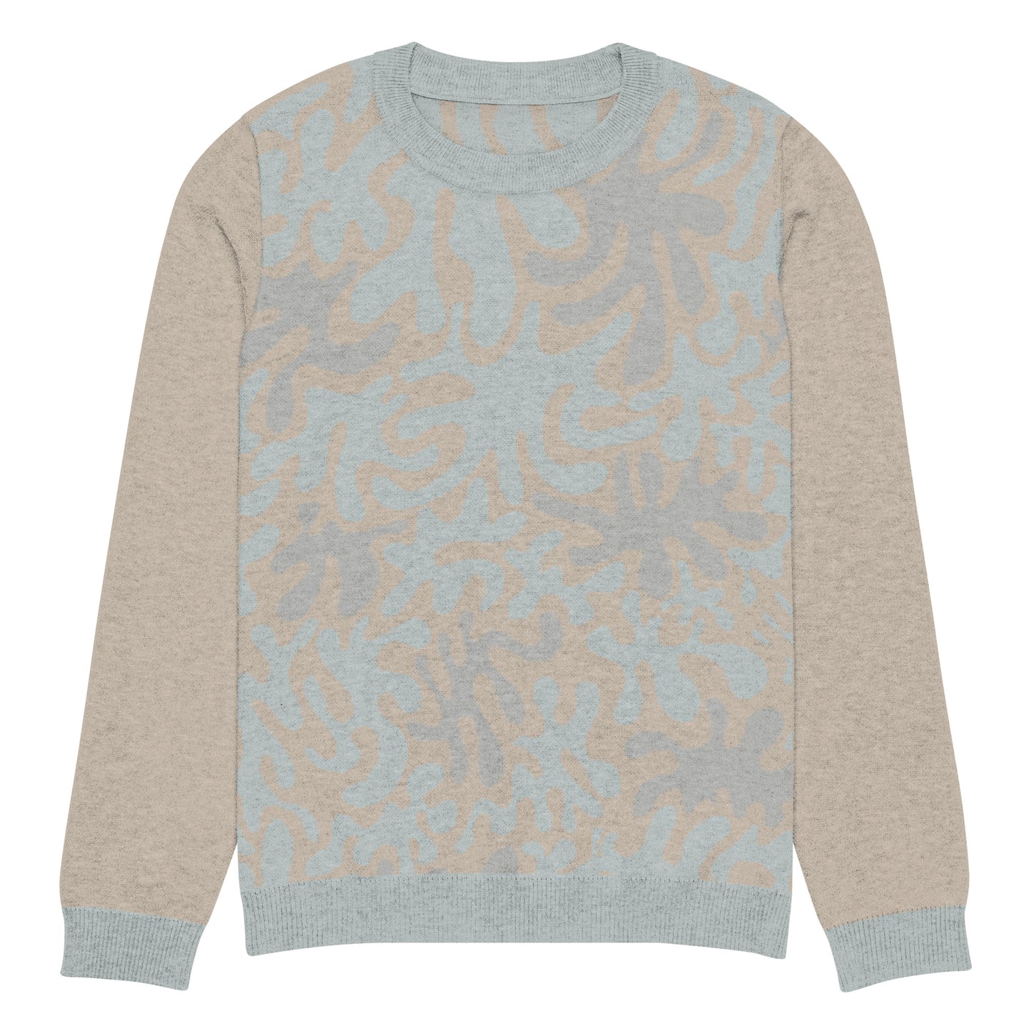 Tropical Seas Clothing men’s eco-friendly Coral Sands Knit Crew sweater, autumn style, front view, size M, beige and blue