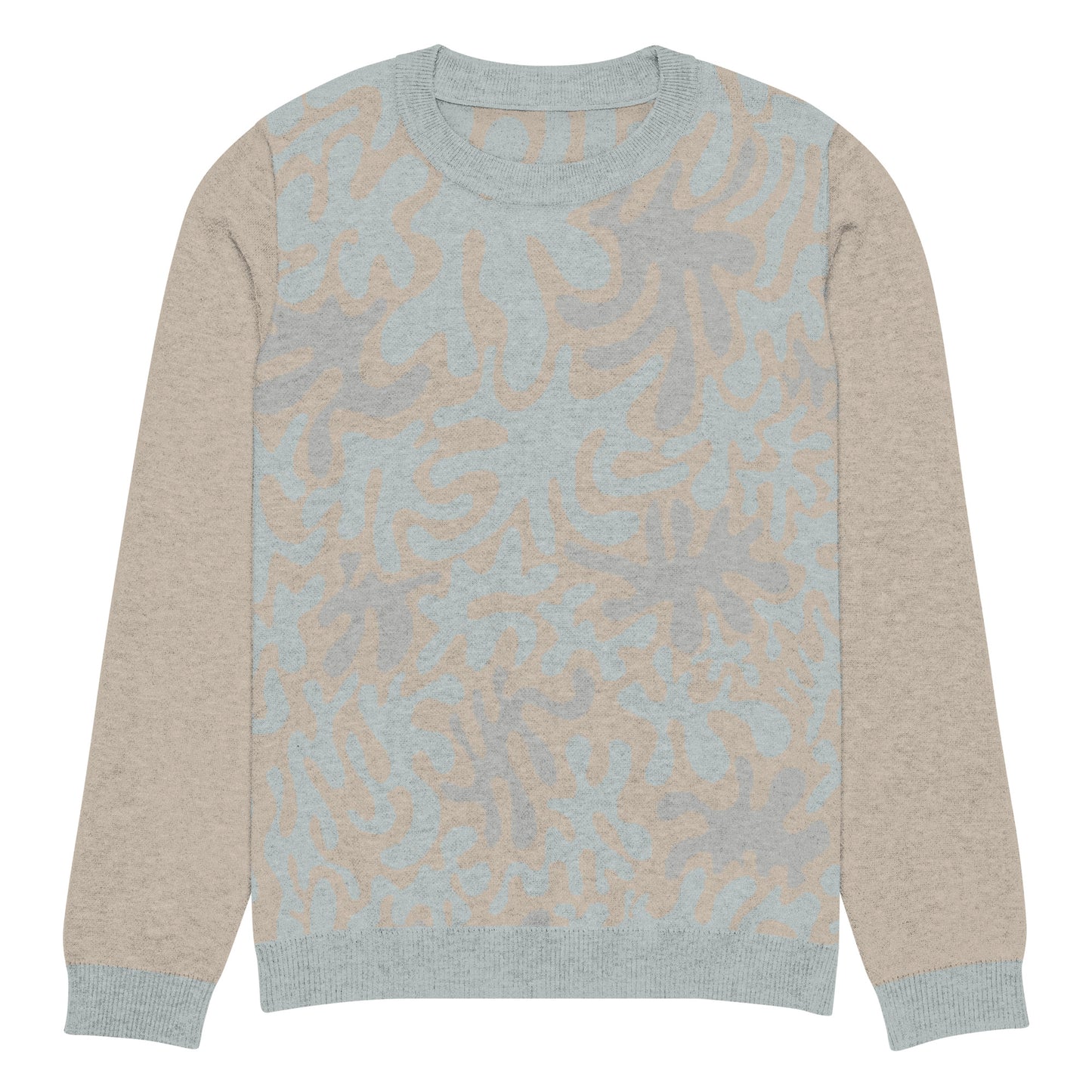 Tropical Seas Clothing men’s eco-friendly Coral Sands Knit Crew sweater, autumn style, front view, size XL, beige and blue