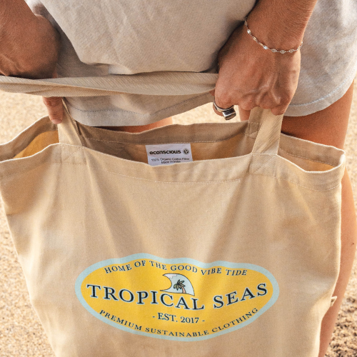 Eco-friendly tote bag by Tropical Seas Clothing, showcasing sustainable materials for environmentally conscious shoppers. Perfect for eco-friendly beach style.