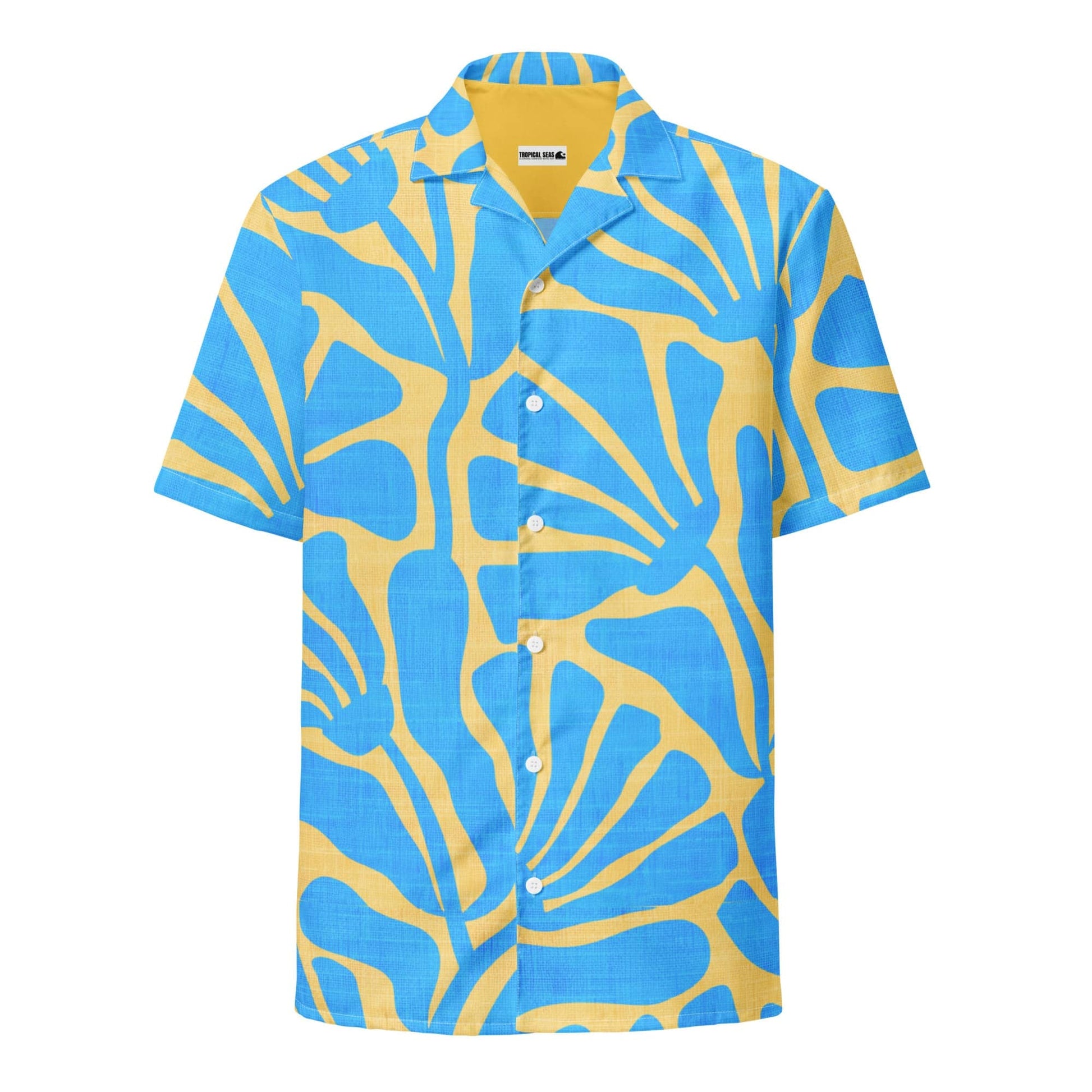 Men's Blue and Gold Ancient Floral Button Down Camp Shirt featuring a vibrant floral pattern, lightweight fabric, and relaxed fit. Ideal for summer outings and casual wear.