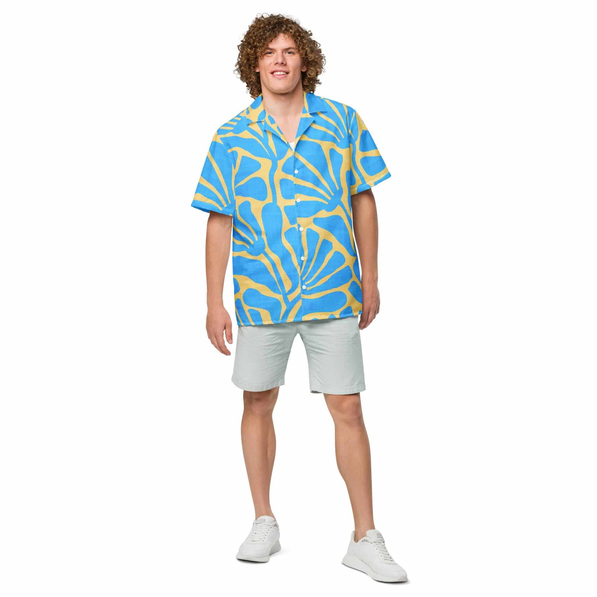 Men's Blue and Gold Ancient Floral Button Down Camp Shirt featuring a vibrant floral pattern, lightweight fabric, and relaxed fit. Ideal for summer outings and casual wear.