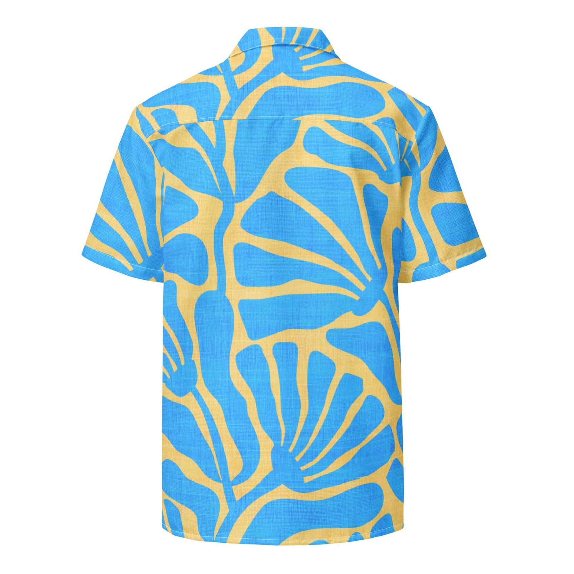 Ancient Blue and Gold Floral Button Down Camp Shirt featuring a vibrant floral pattern, lightweight fabric, and relaxed fit. Ideal for summer outings and casual wear.