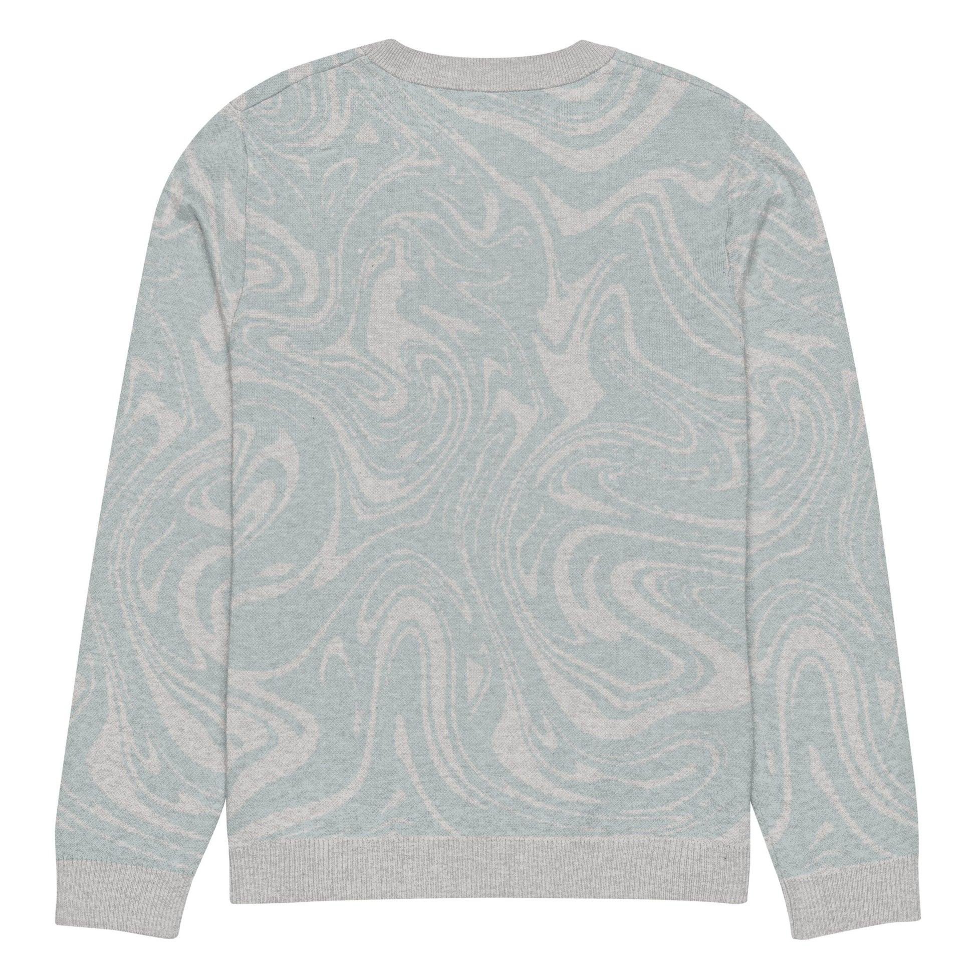 Tropical Seas Clothing Tidal Drift Knit Crew men’s coastal-inspired autumn sweater, back view, size S, soft blue and grey