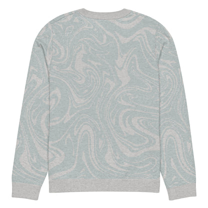 Tropical Seas Clothing Tidal Drift Knit Crew men’s coastal-inspired autumn sweater, back view, size XS, soft blue and grey