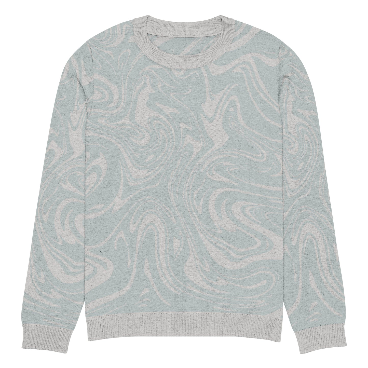 Tropical Seas Clothing Tidal Drift Knit Crew men’s coastal-inspired autumn sweater, front view, size M, soft blue and grey